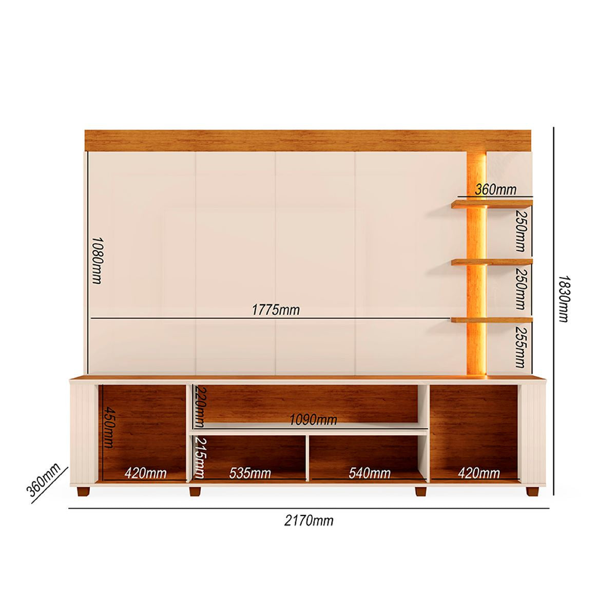 Centro de Entretenimiento Blanco y Canela 217x183cm para TV Hasta 65" Pulgadas con Siete Compartimientos y con Ranura para Cables