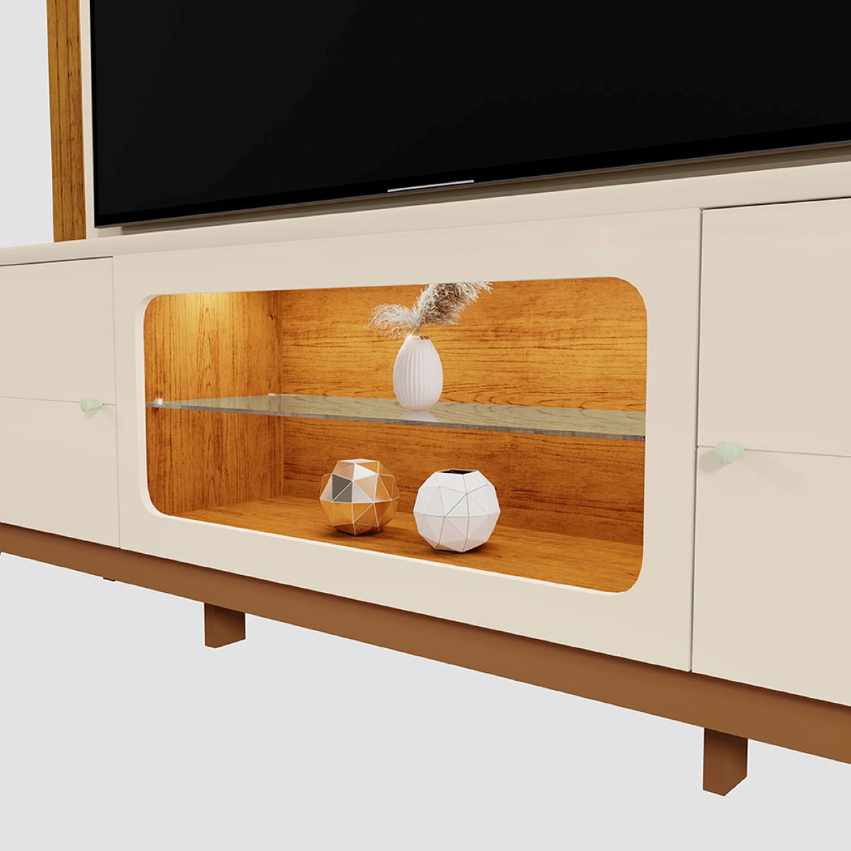Centro de Entretenimiento Arena y Oasis 198x188cm para TV Hasta 70" Pulgadas con Tres Compartimientos y con Ranura para Cables