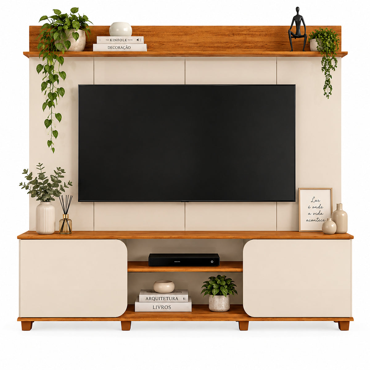 Centro de Entretenimiento Blanco y Canela 182x185cm para TV Hasta 65" Pulgadas con Tres Compartimientos y con Ranura para Cables