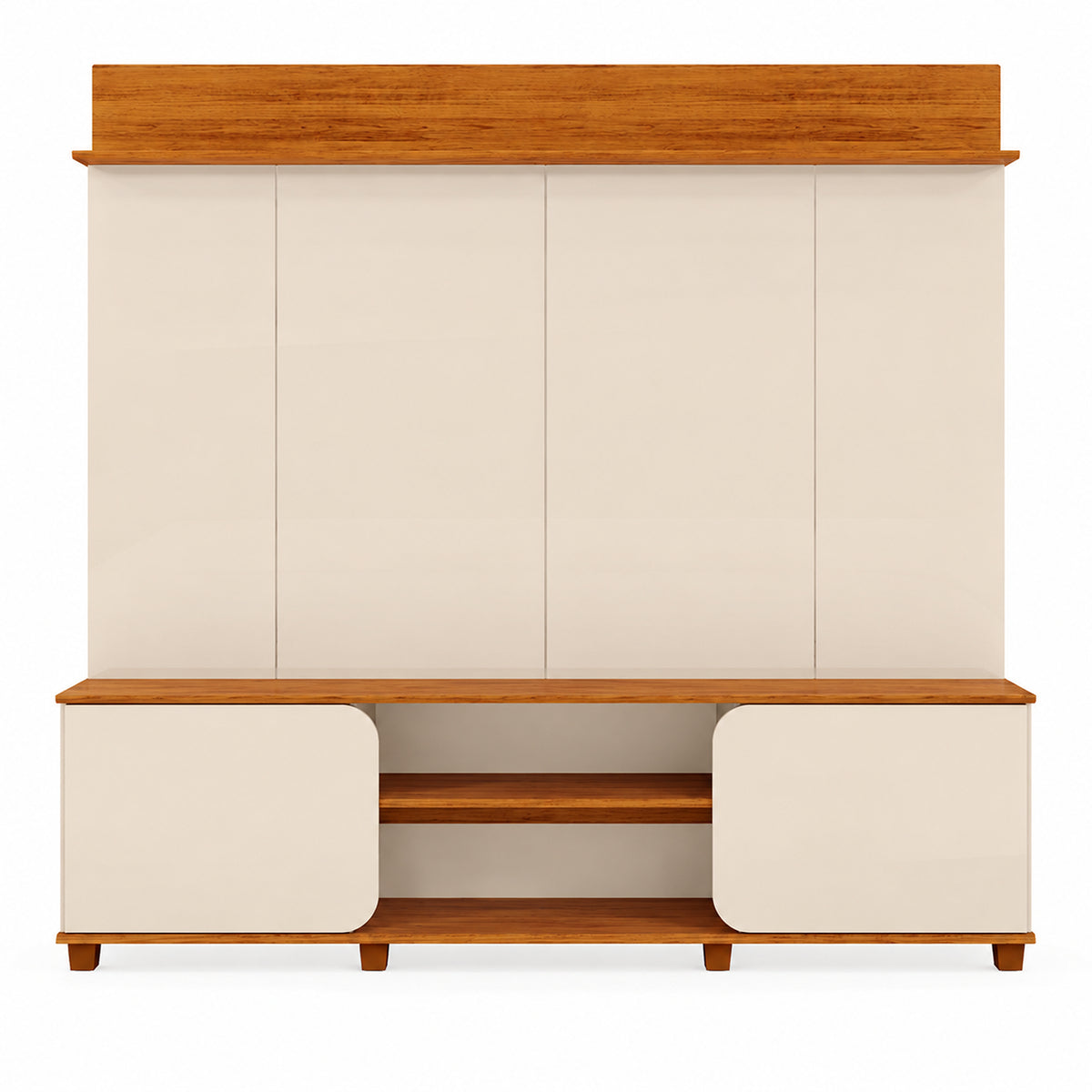 Centro de Entretenimiento Blanco y Canela 182x185cm para TV Hasta 65" Pulgadas con Tres Compartimientos y con Ranura para Cables