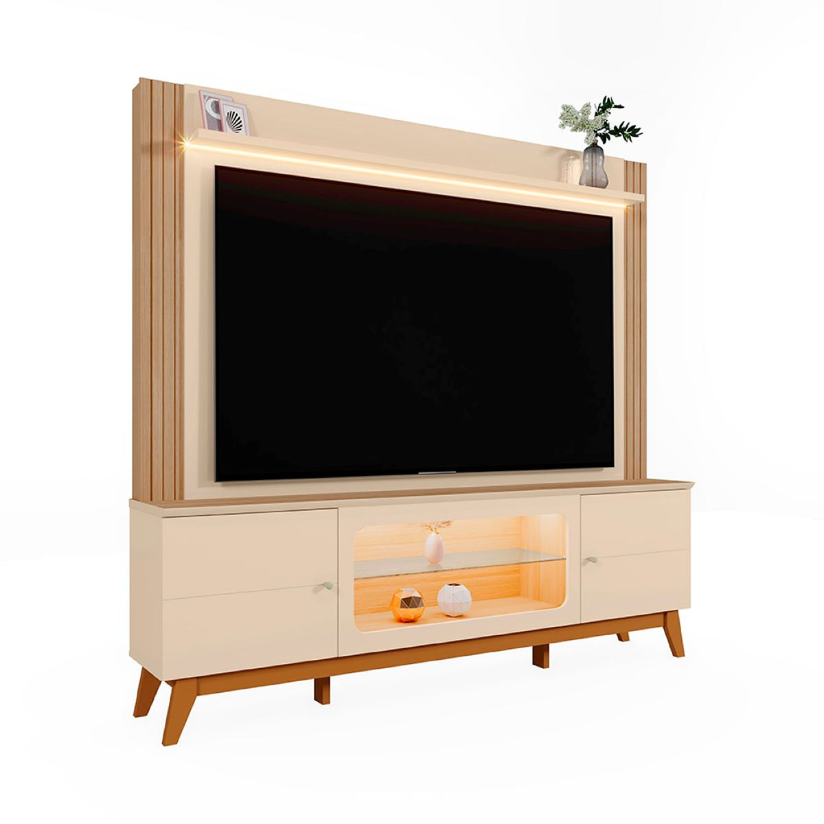 Centro de Entretenimiento Blanco y Canela 198x188cm para TV Hasta 70" Pulgadas con Tres Compartimientos y con Ranura para Cables