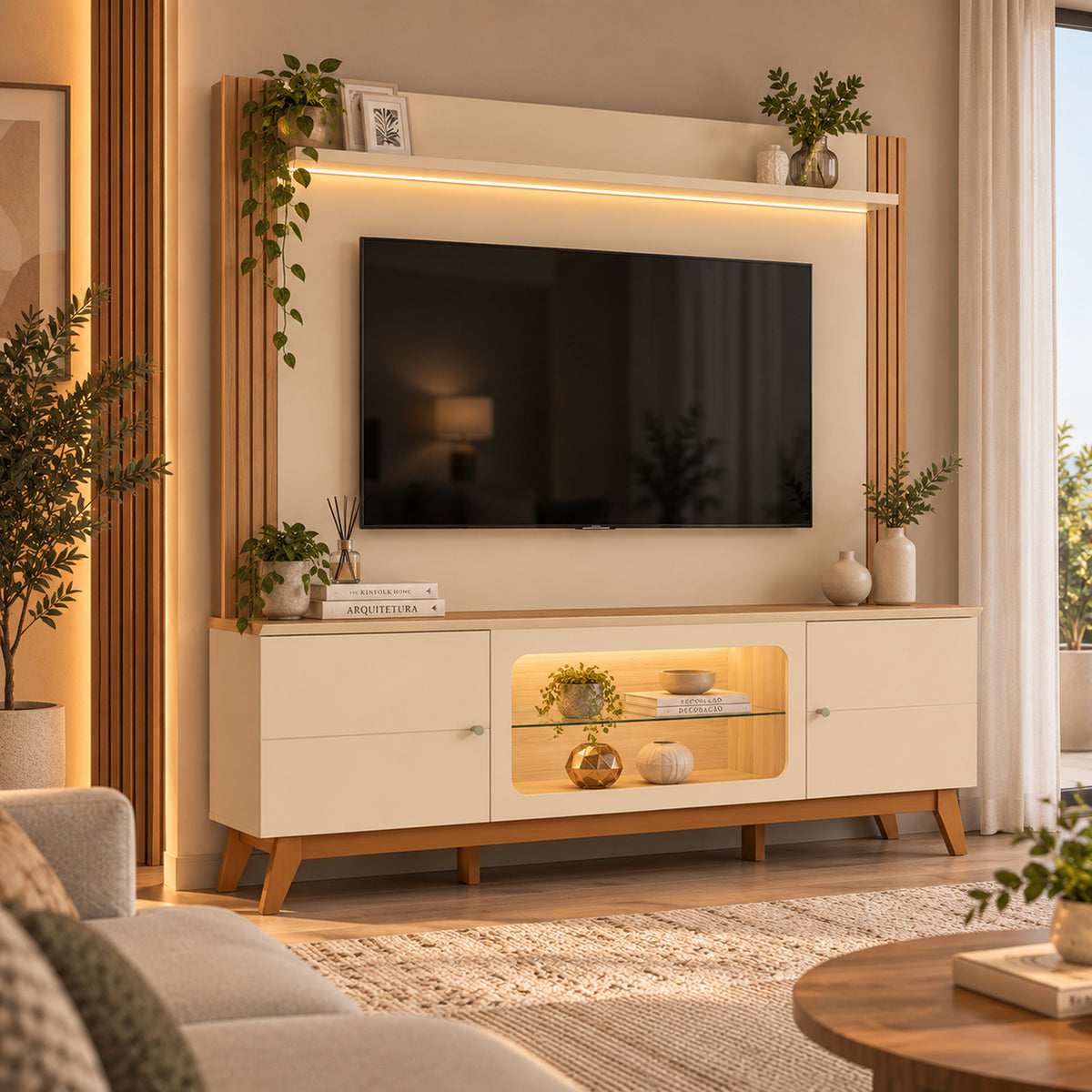 Centro de Entretenimiento Blanco y Canela 198x188cm para TV Hasta 70" Pulgadas con Tres Compartimientos y con Ranura para Cables