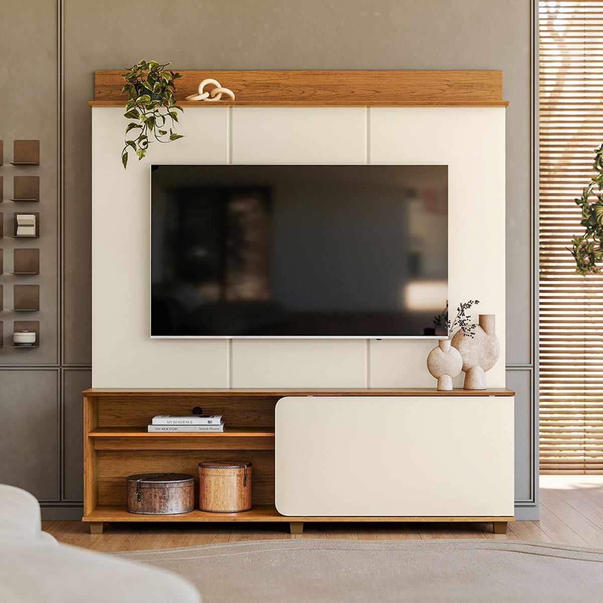 Centro de Entretenimiento Blanco y Canela 160x180cm para TV Hasta 60" Pulgadas con Tres Compartimientos y con Ranura para Cables