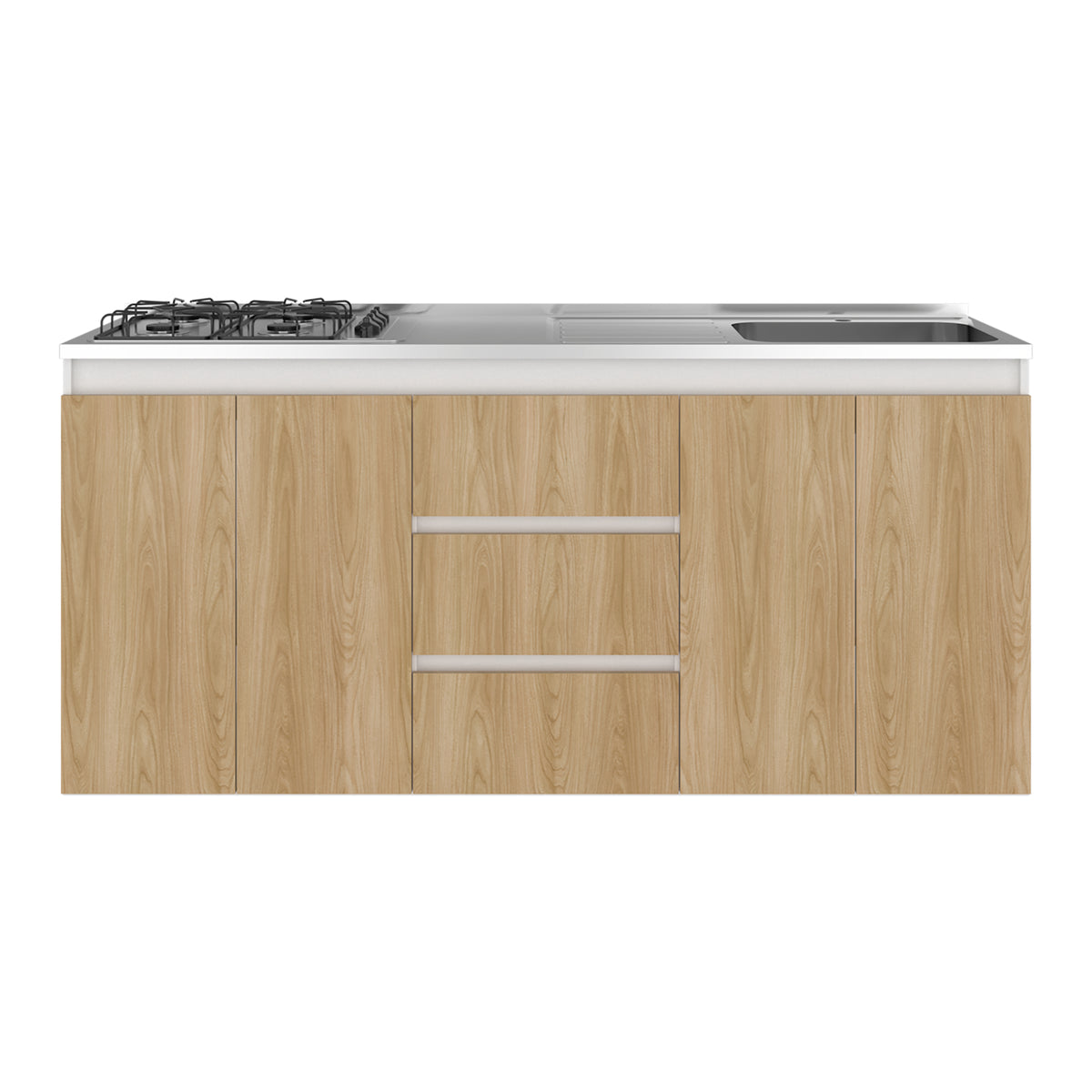 Mueble Inferior de Cocina Boreal Fresno y Blanco 179.9x89.5cm con Mesón de Acero Inoxidable con Pozuelo Lado Derecho y con Estufa