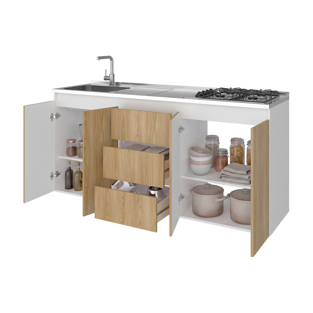 Mueble Inferior de Cocina Boreal Fresno y Blanco 179.9x89.5cm con Mesón de Acero Inoxidable con Pozuelo Lado Izquierdo y con Estufa