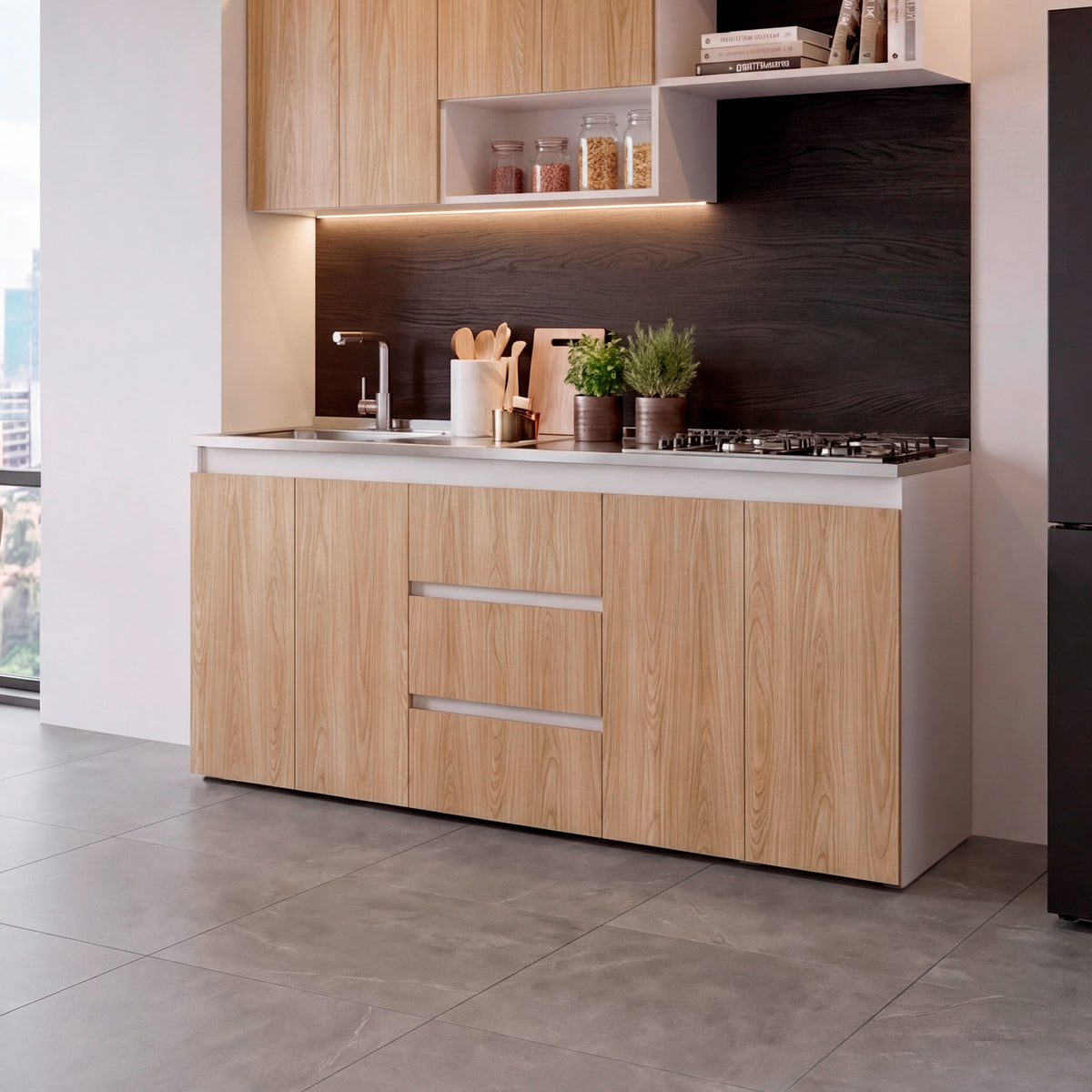 Mueble Inferior de Cocina Boreal Fresno y Blanco 179.9x89.5cm con Mesón de Acero Inoxidable con Pozuelo Lado Izquierdo y con Estufa