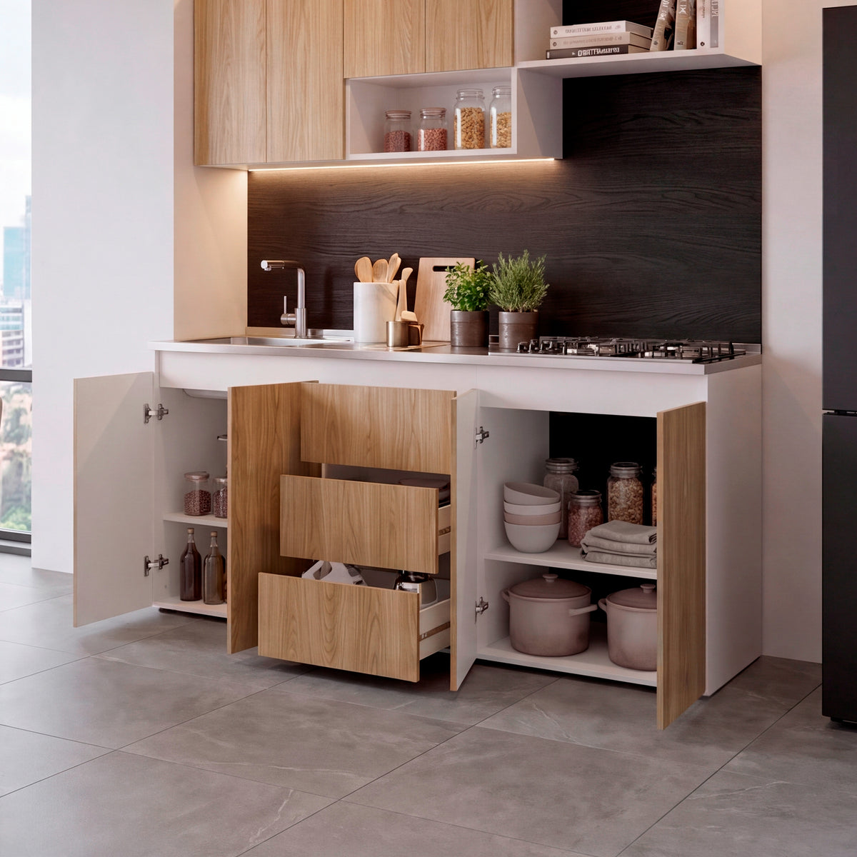 Mueble Inferior de Cocina Boreal Fresno y Blanco 179.9x89.5cm con Mesón de Acero Inoxidable con Pozuelo Lado Izquierdo y con Estufa