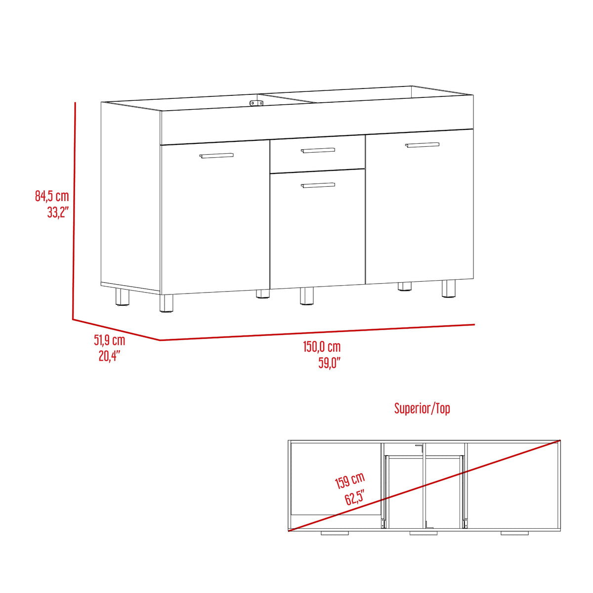 Mueble Inferior de Cocina Rosa Wengue y Positano 148.2x84.5cm sin Mesón y sin Estufa