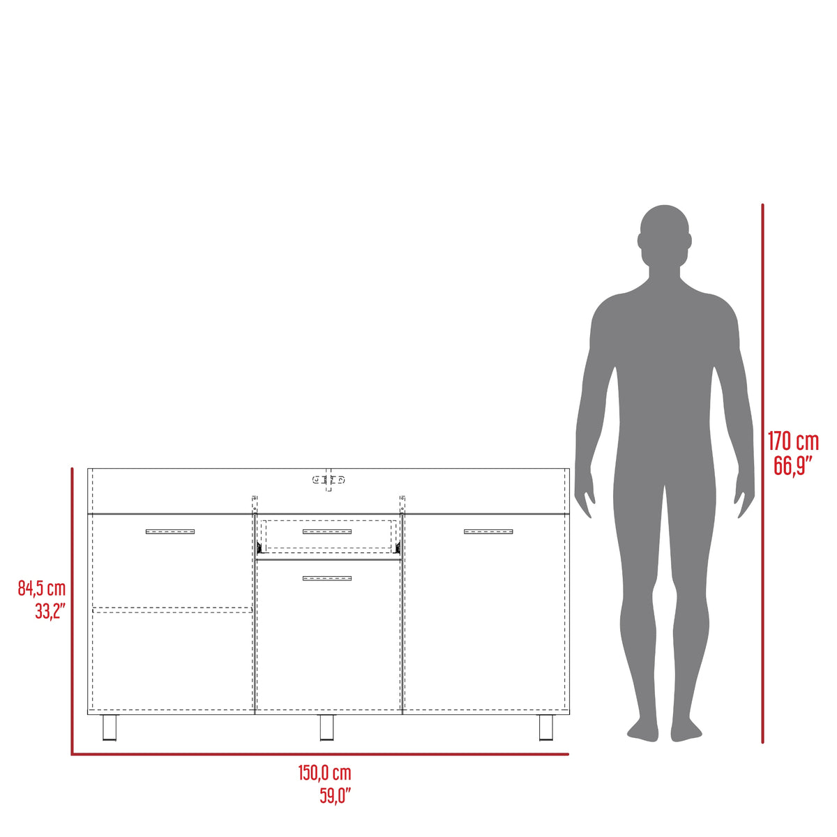 Mueble Inferior de Cocina Rosa Wengue y Positano 148.2x84.5cm sin Mesón y sin Estufa