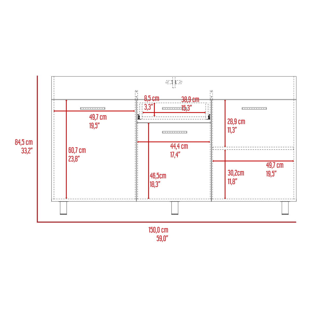 Mueble Inferior de Cocina Rosa Wengue y Positano 148.2x84.5cm sin Mesón y sin Estufa