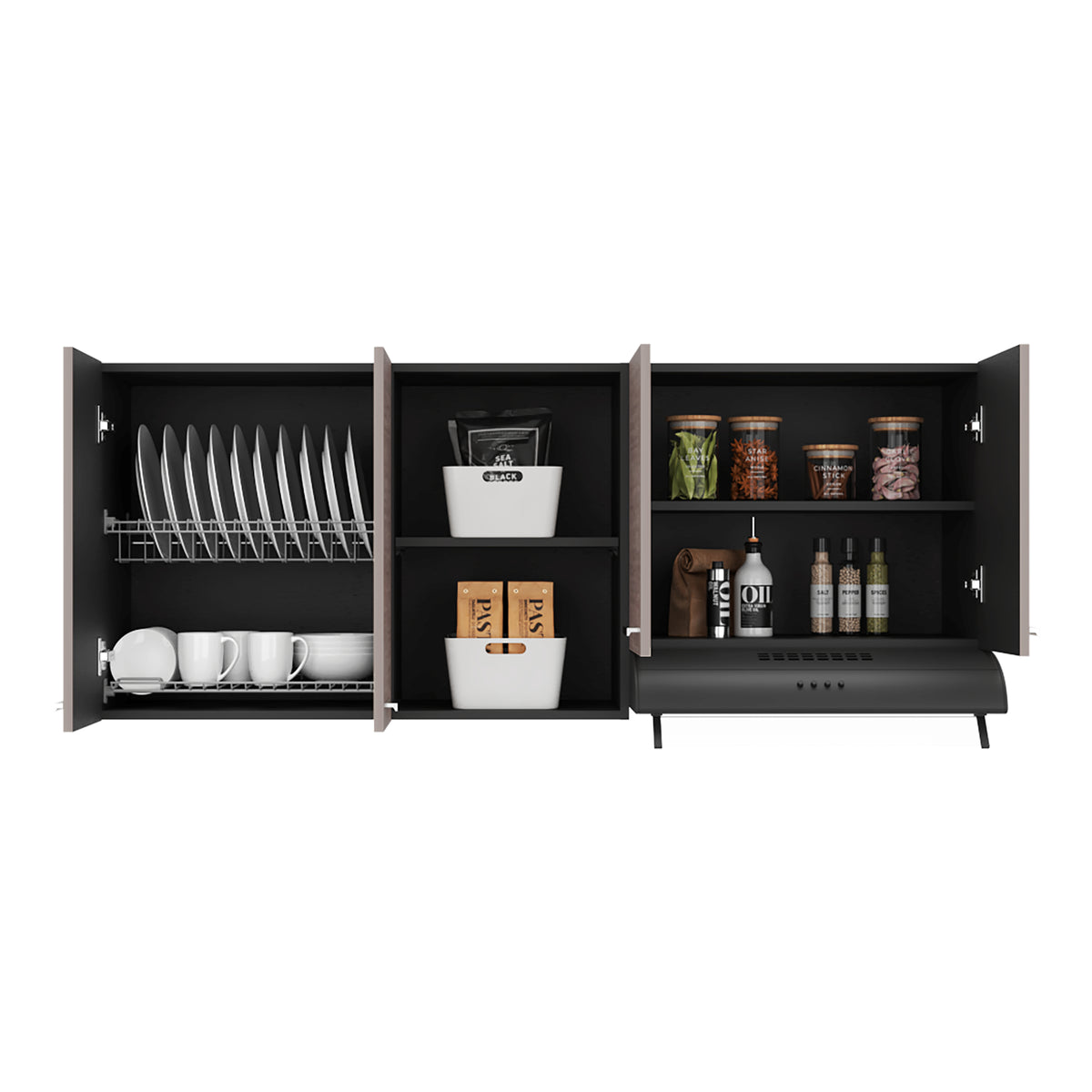 Mueble Superior de Cocina Rosa Wengue y Positano 200x200cm con Cuatro Puertas con Espacio para Extractor Lado Izquierdo y con Locero