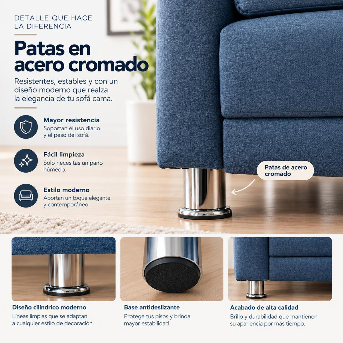 Sofá Cama Arkan Azul Petróleo 190x95cm de Tres Puestos Reclinable sin Apoya Brazos