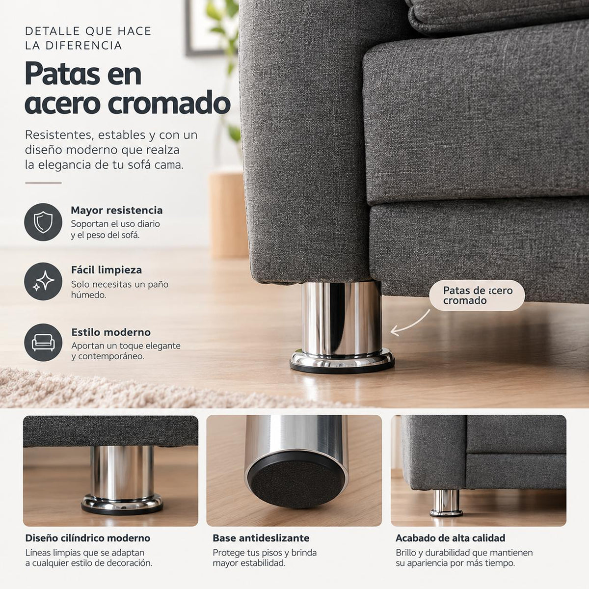 Sofá Cama Arkan Gris 190x95cm de Tres Puestos Reclinable sin Apoya Brazos