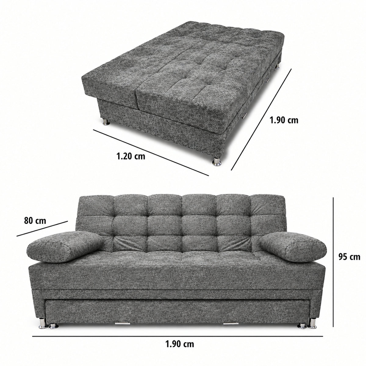 Sofá Cama Arkan Gris 190x95cm de Tres Puestos Reclinable sin Apoya Brazos