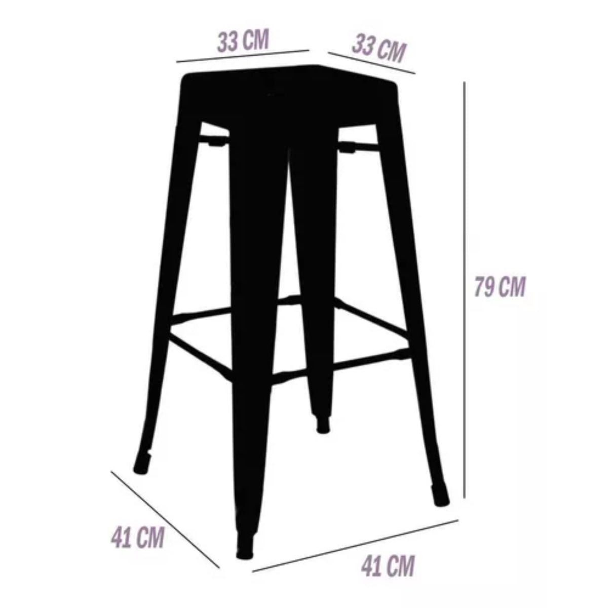 Butaco Bar Tolix Negro 41x79cm de Asiento Cuadrado sin Espaldar y sin Apoya Brazos