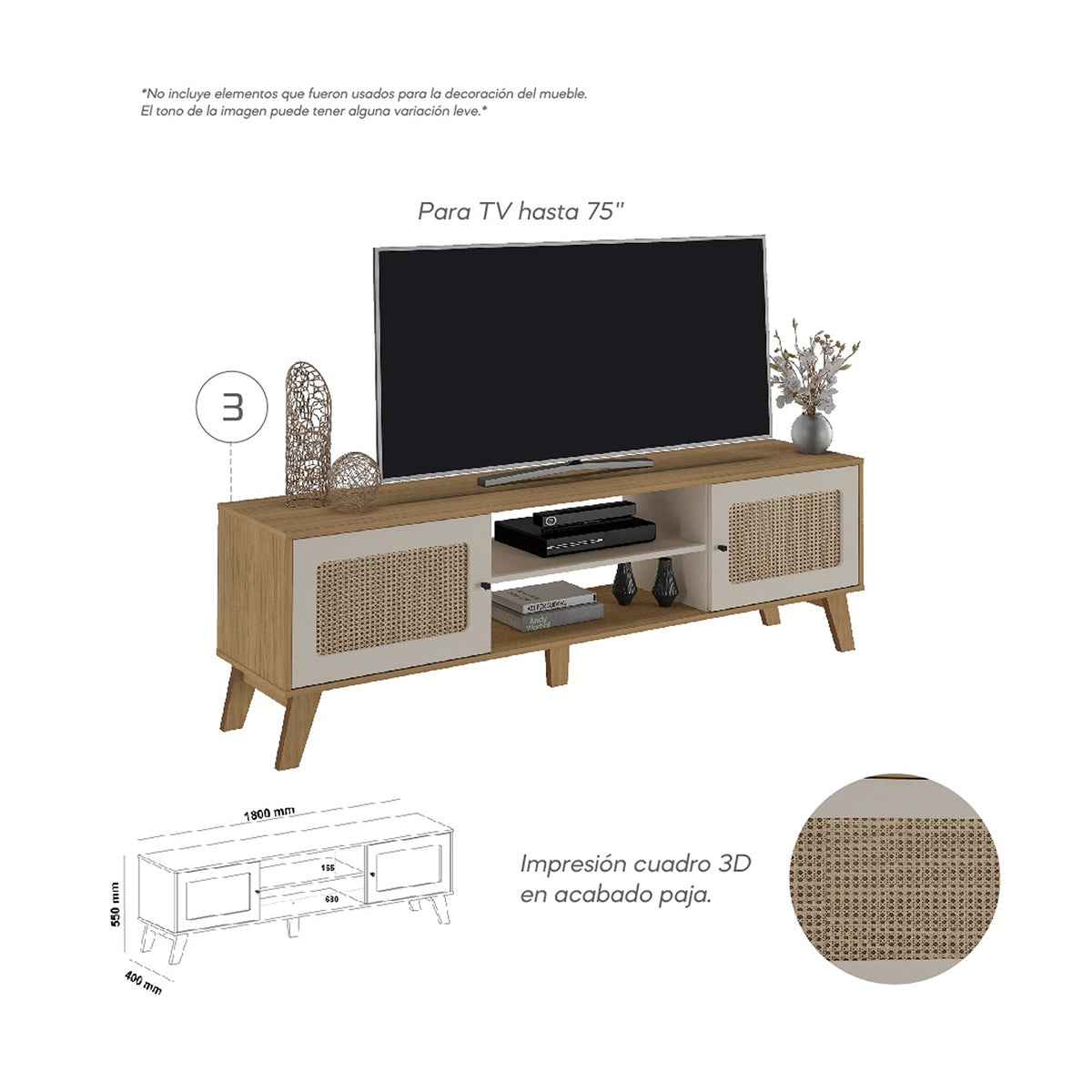 Rack de TV Charlotte Café Claro y Café Crema 180x55cm para Tv Hasta 75" Pulgadas con Dos Compatimientos