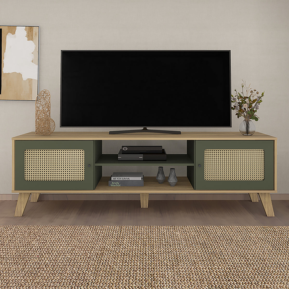 Rack de TV Charlotte Café Claro y Verde 180x55cm para Tv Hasta 75" Pulgadas con Dos Compatimientos