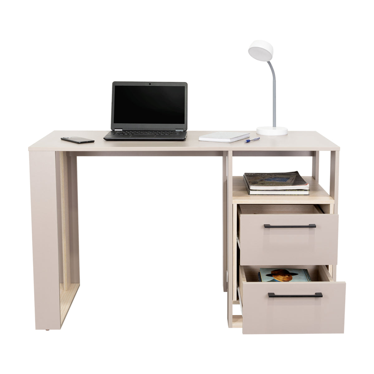 Escritorio Verlot Taupe Mallado 52x75cm con Dos Cajones y con Organizador de Libros