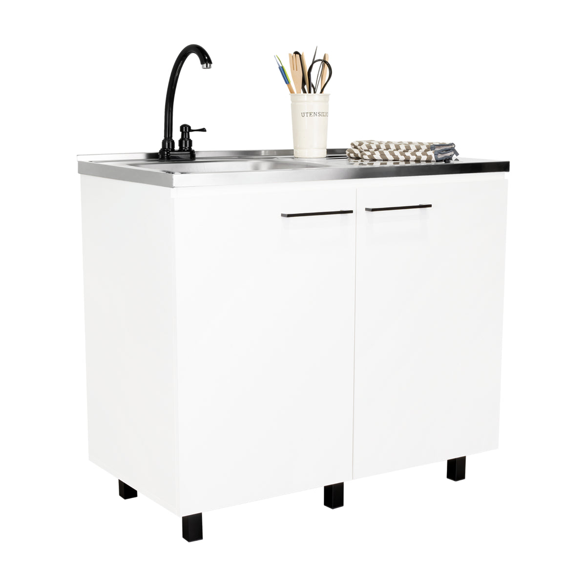 Mueble Inferior Napoles Blanco 100x89cm con Mesón de Acero Inoxidable y con Pozuelo Lado Izquierdo