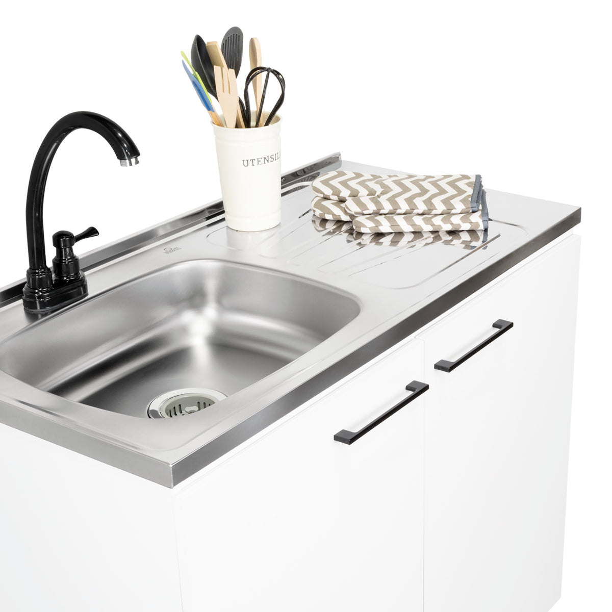 Mueble Inferior Napoles Blanco 100x89cm con Mesón de Acero Inoxidable y con Pozuelo Lado Izquierdo