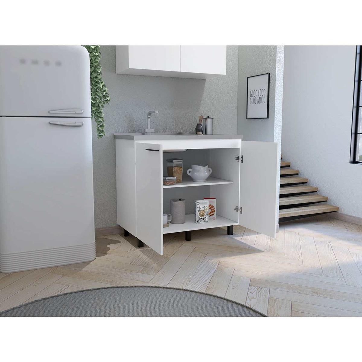 Mueble Inferior Napoles Blanco 100x89cm con Mesón de Acero Inoxidable y con Pozuelo Lado Izquierdo