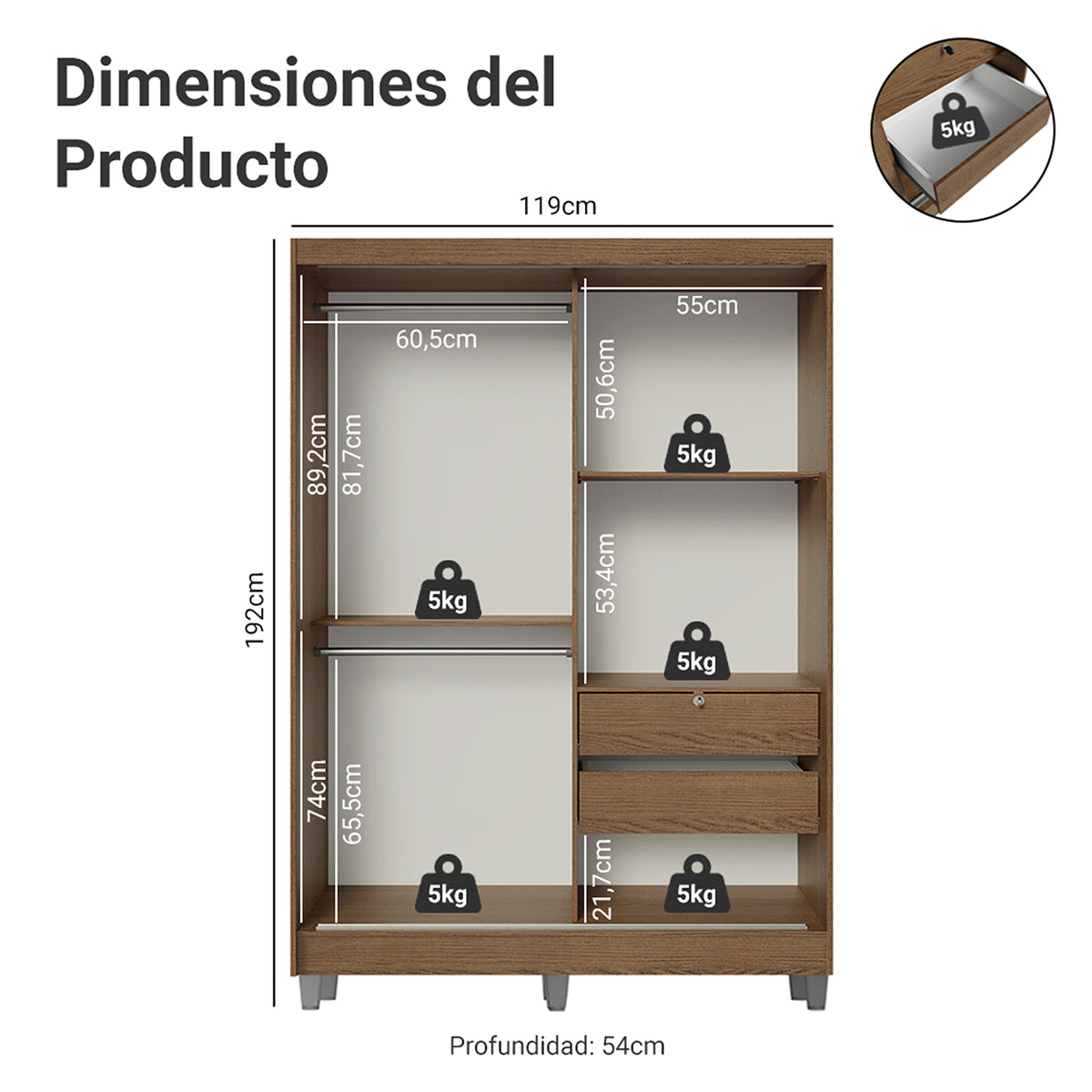 Closet Luke Marron 120x192cm con Dos Cajones y con Tres Entrepaños