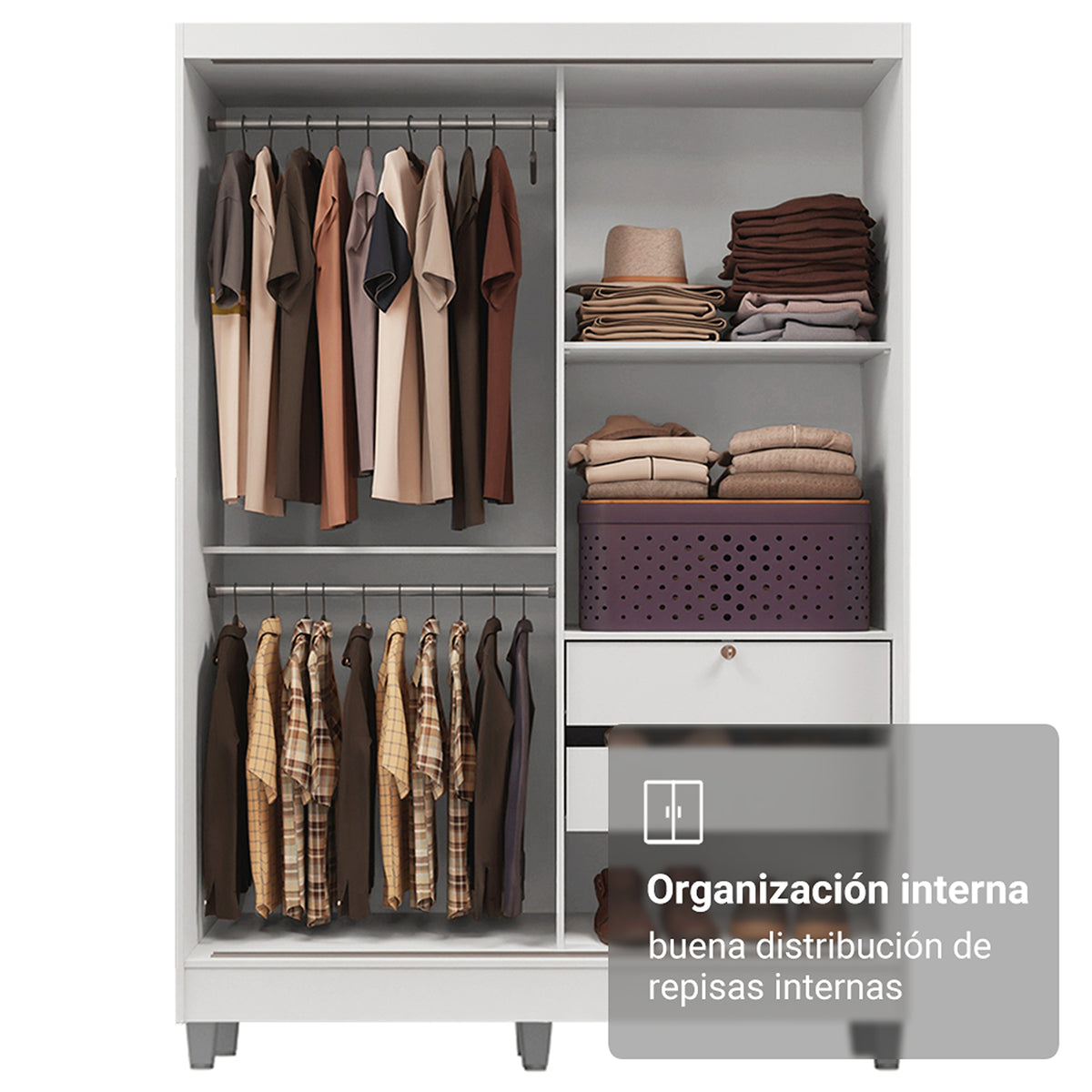 Closet Luke Blanco 120x192cm con Dos Cajones y con Tres Entrepaños