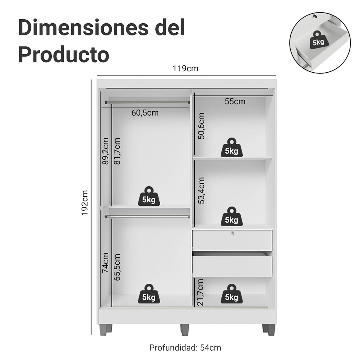 Closet Luke Blanco 120x192cm con Dos Cajones y con Tres Entrepaños