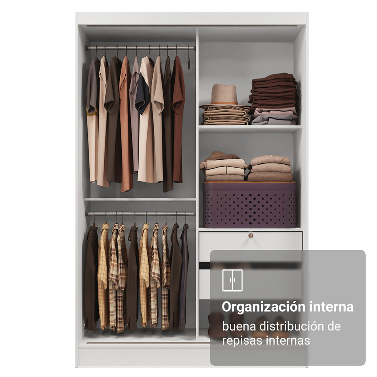 Closet Max Blanco 119x183cm con Un Espejo con Dos Cajones y con Tres Entrepaños