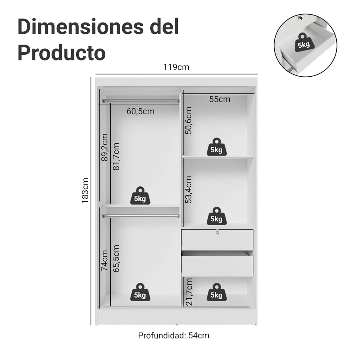 Closet Max Blanco 119x183cm con Un Espejo con Dos Cajones y con Tres Entrepaños