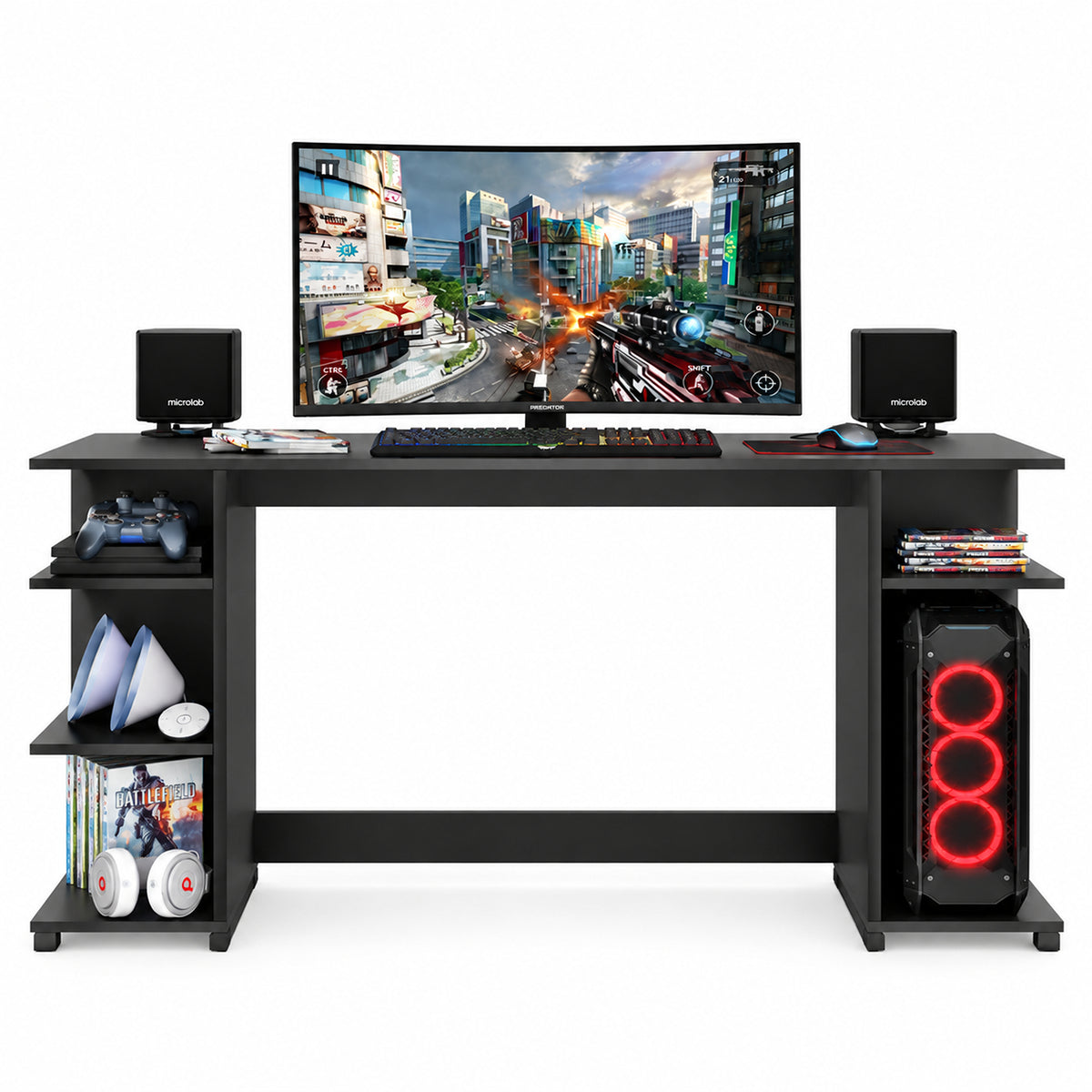 Escritorio gamer negro con repisas laterales en MDP 130x60 cm
