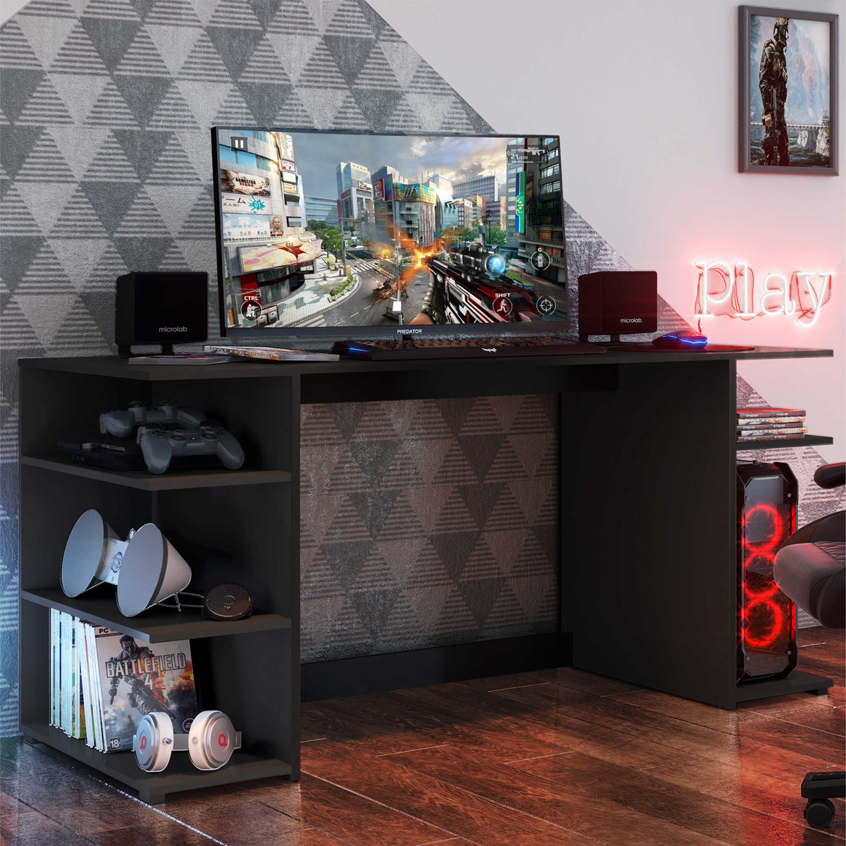 Escritorio gamer negro con repisas laterales en MDP 130x60 cm