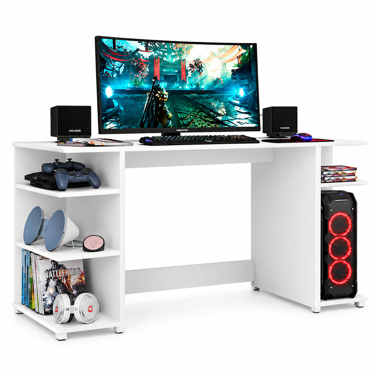 Escritorio gamer blanco con repisas laterales en MDP 130x60 cm