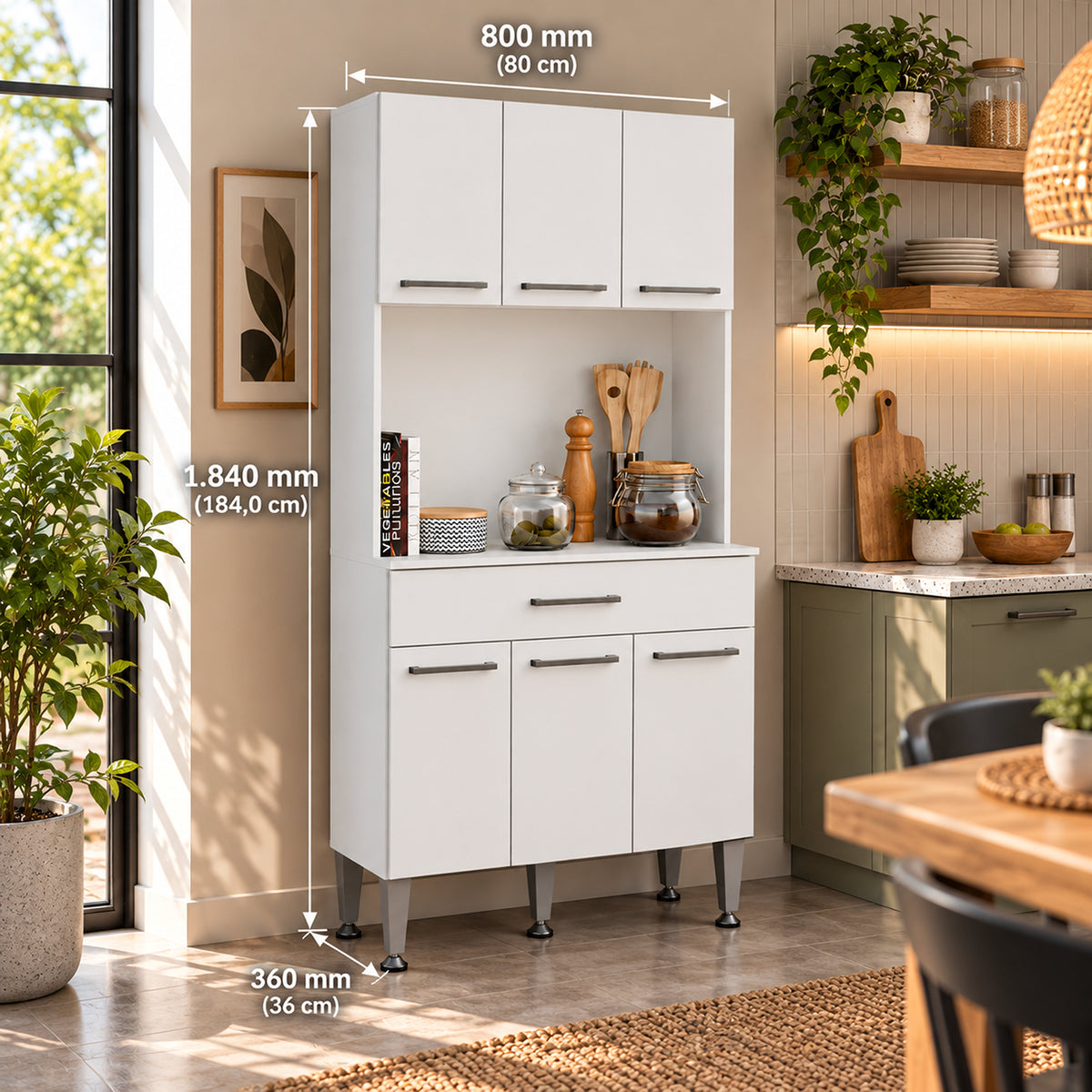 Alacena de cocina blanca moderna en MDP 80x184 cm con 6 puertas y cajón