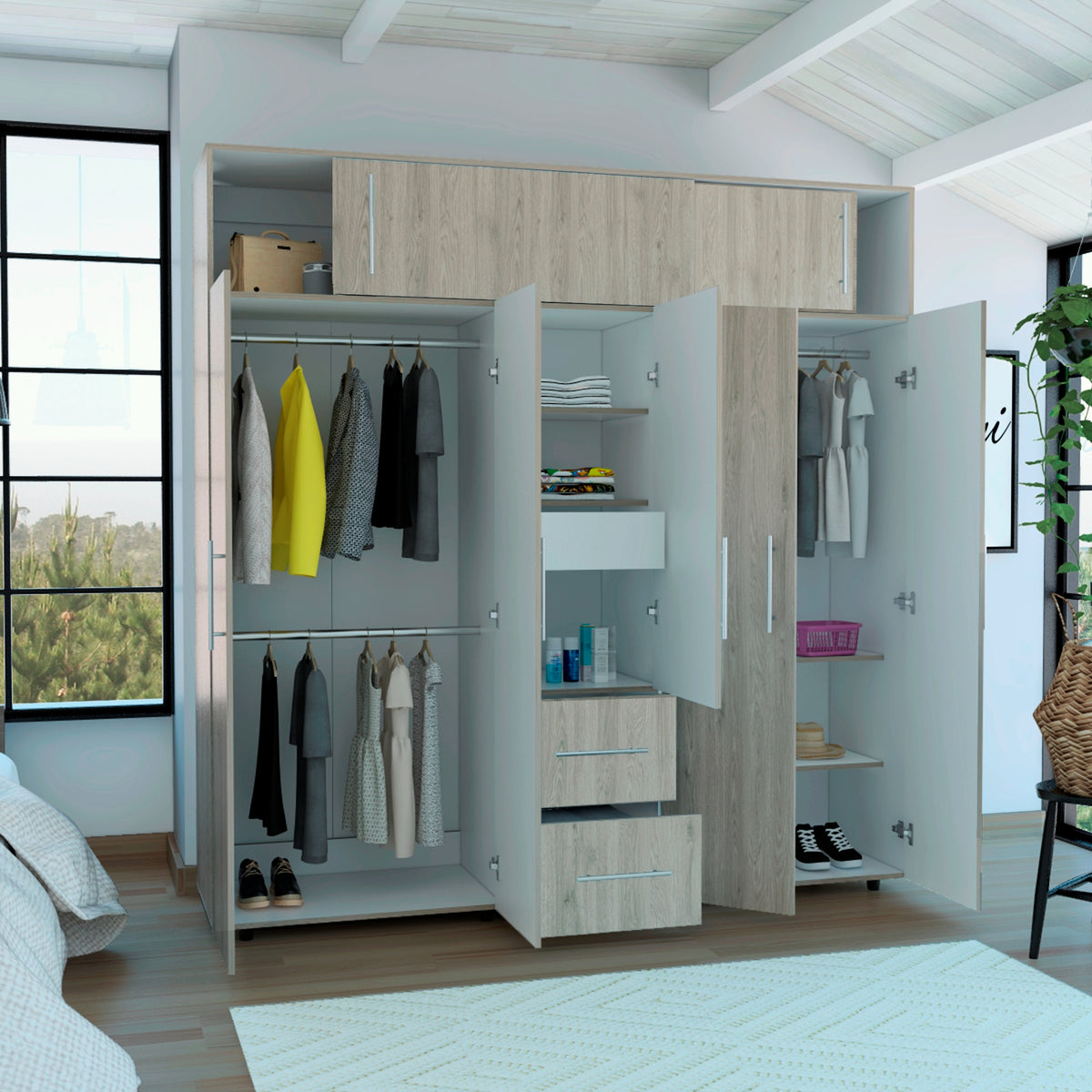 Closet Bigaf Ceniza y Blanco 200x204cm con Siete Puertas y con Cinco Entrepaños