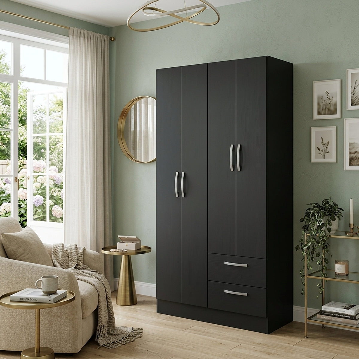 Closet Negro Mate 90x173cm con Cuatro Puertas y con Dos Entrepaños