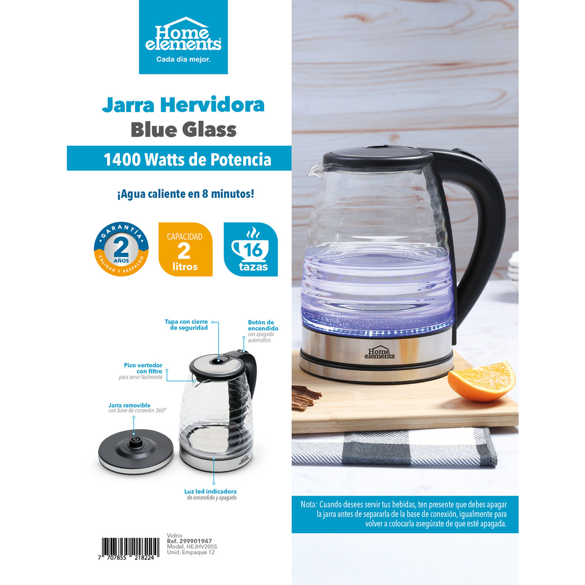 Hervidor Eléctrico de Agua Home Elements Blue Glass Plata 17x24cm de 2 Litros 1500 W con Apagado Automático