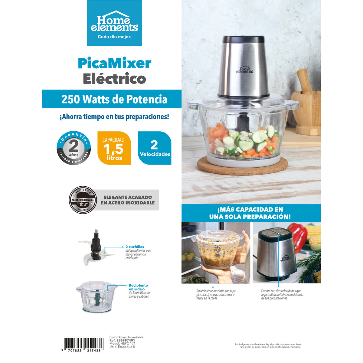 Picador Eléctrico Plata 17.8x24cm de 1.5 Litros de Cuatro Aspas y con Dos Velocidades