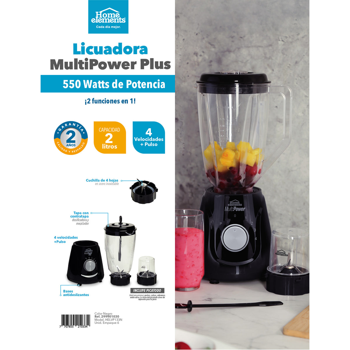 Licuadora Multipower Plus Negro 17x39.5cm de 1.5 Litros de Cuatro Aspas y con Cuatro Velocidades