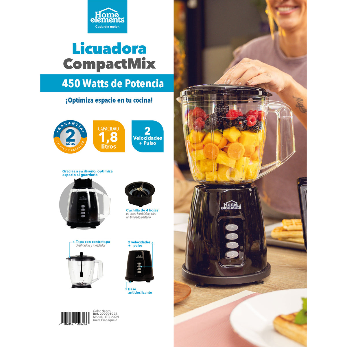 Licuadora Compact Mix Negro 22.5x35cm de 1.8 Litros de Cuatro Aspas y con Dos Velocidades
