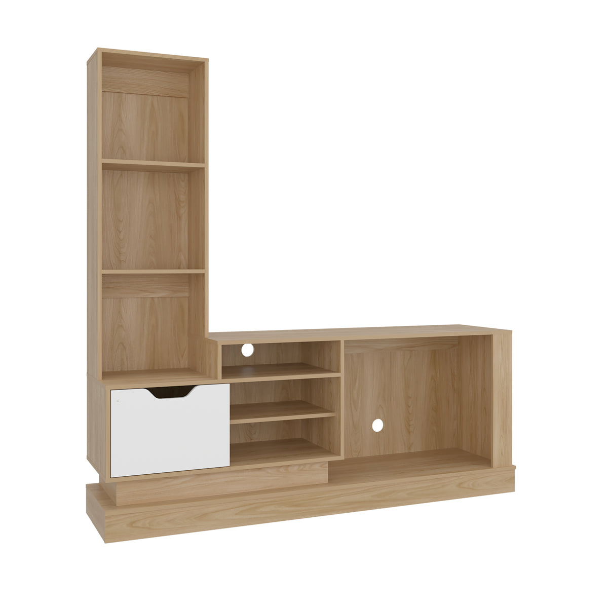 Centro de Entretenimiento Blake Fresno y Blanco 177.7x181.4cm para TV Hasta 55" Pulgadas con Ranura para Cables y con Siete Compartimientos
