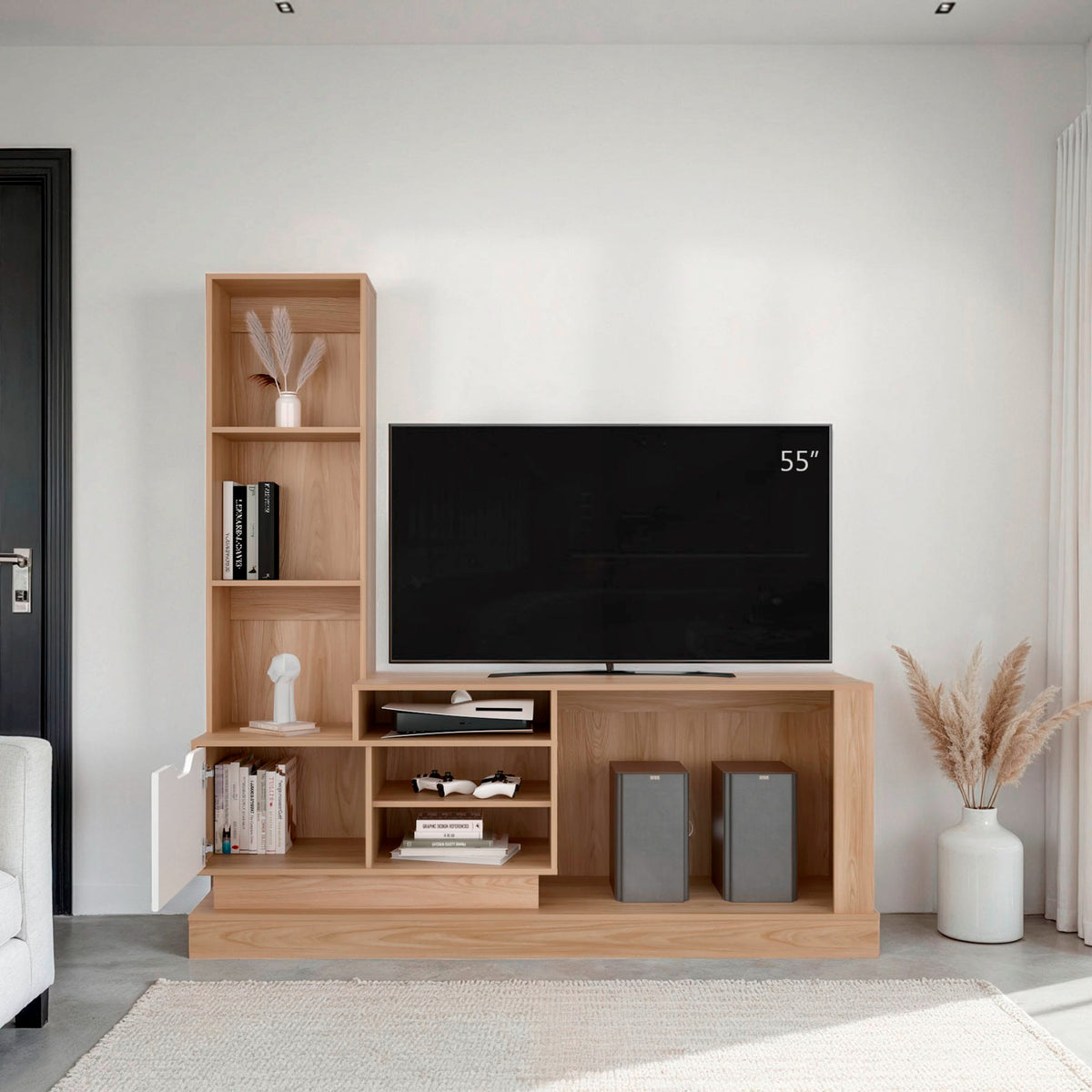 Centro de Entretenimiento Blake Fresno y Blanco 177.7x181.4cm para TV Hasta 55" Pulgadas con Ranura para Cables y con Siete Compartimientos