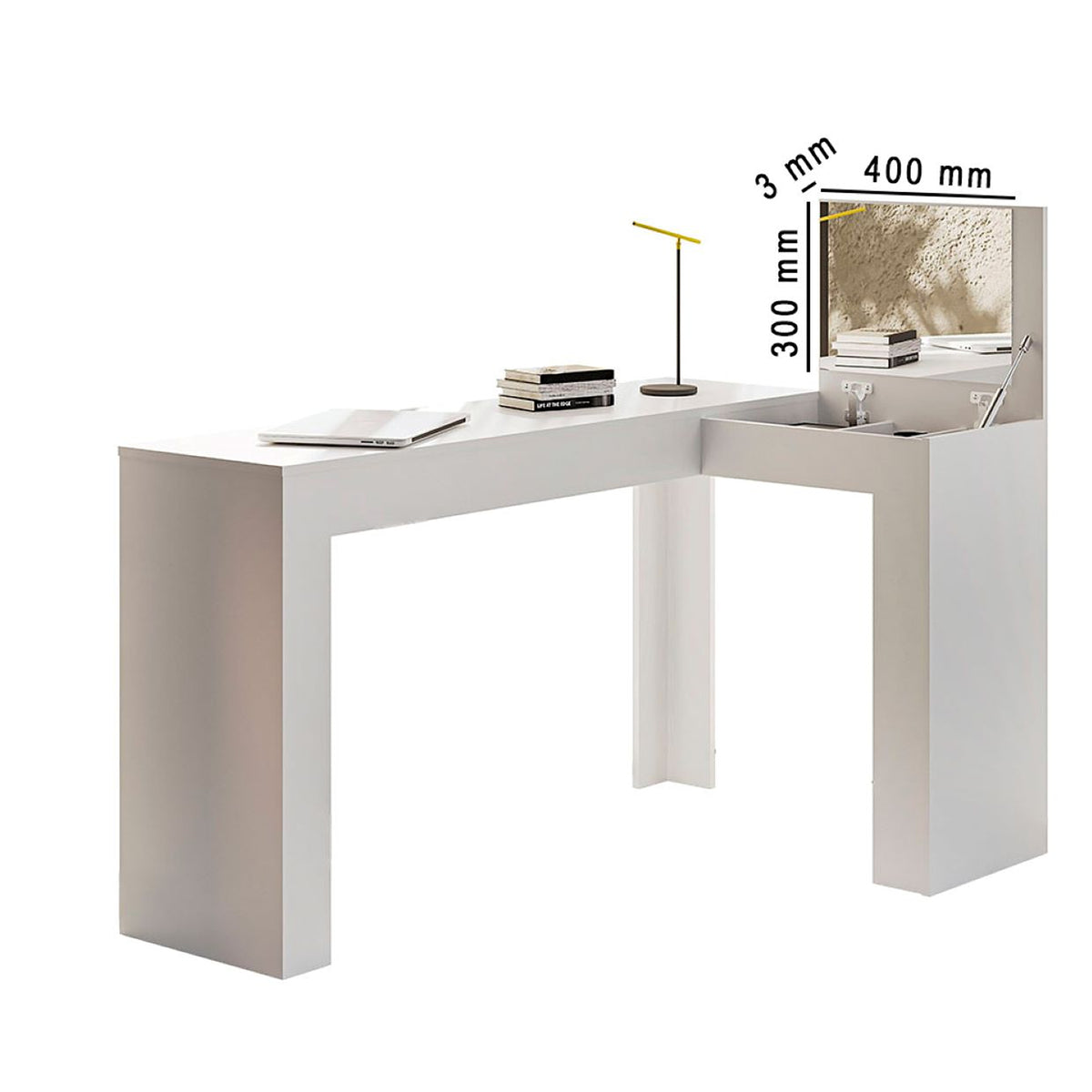 Tocador en L Blanco 135x75cm de Un Puesto con Un Cajón con Espejo y Sin Silla