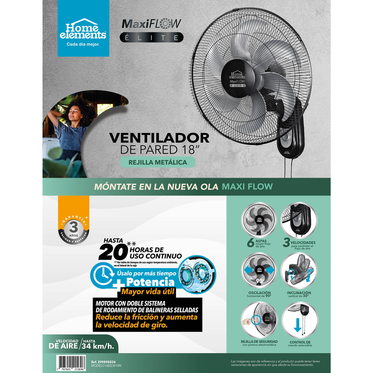 Ventilador de pared negro 18 pulgadas 85 W con 3 velocidades