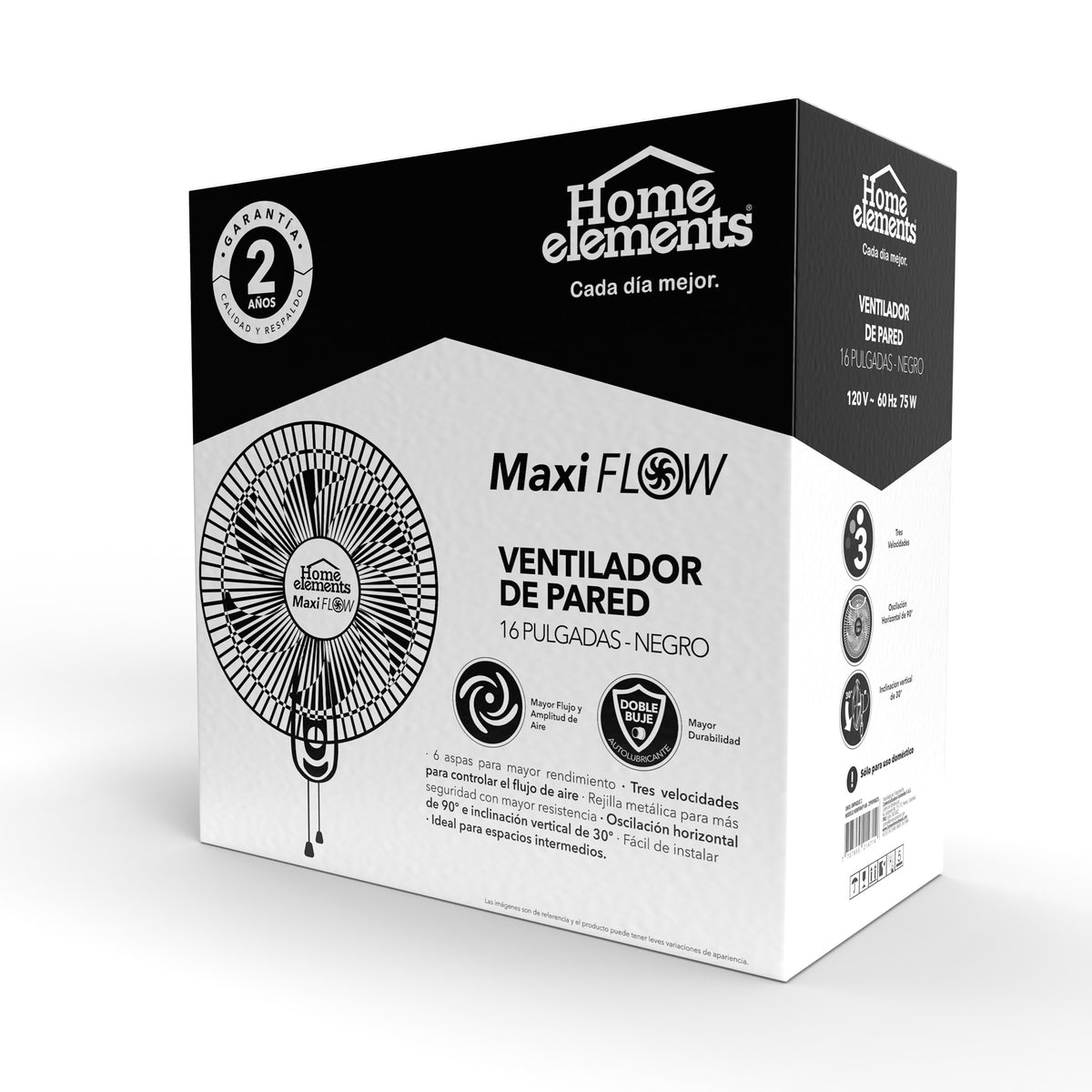 Ventilador de pared negro MaxiFlow 16 pulgadas 75 W con oscilación