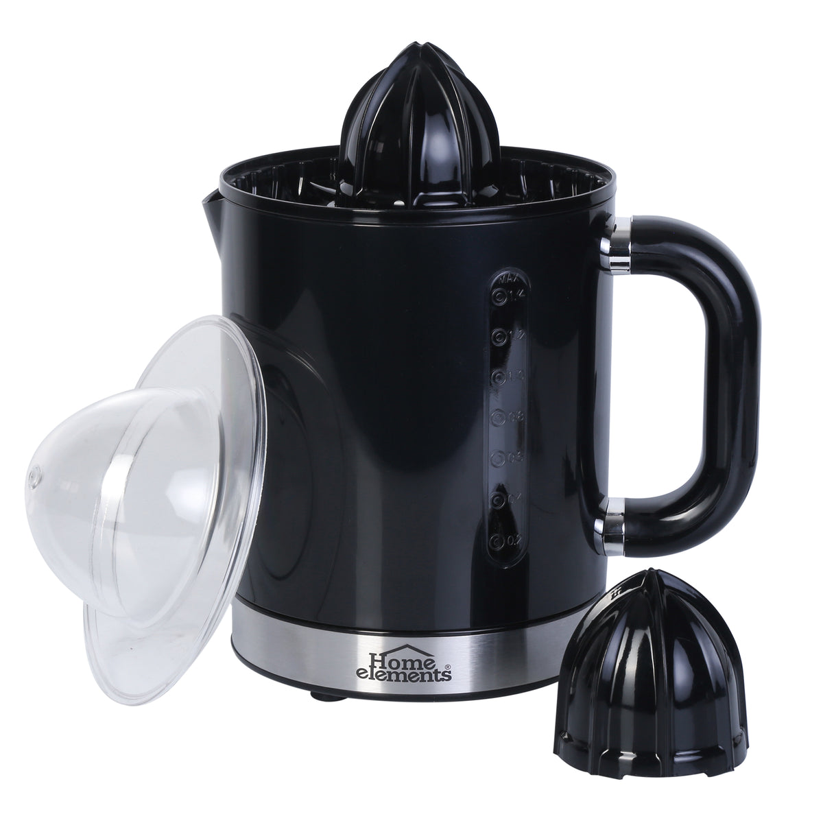 Exprimidor de Naranja Home Elements Negro 13.6x22cm de 1.4 Litros con Dos Conos intercambiables y con Base Antideslizante