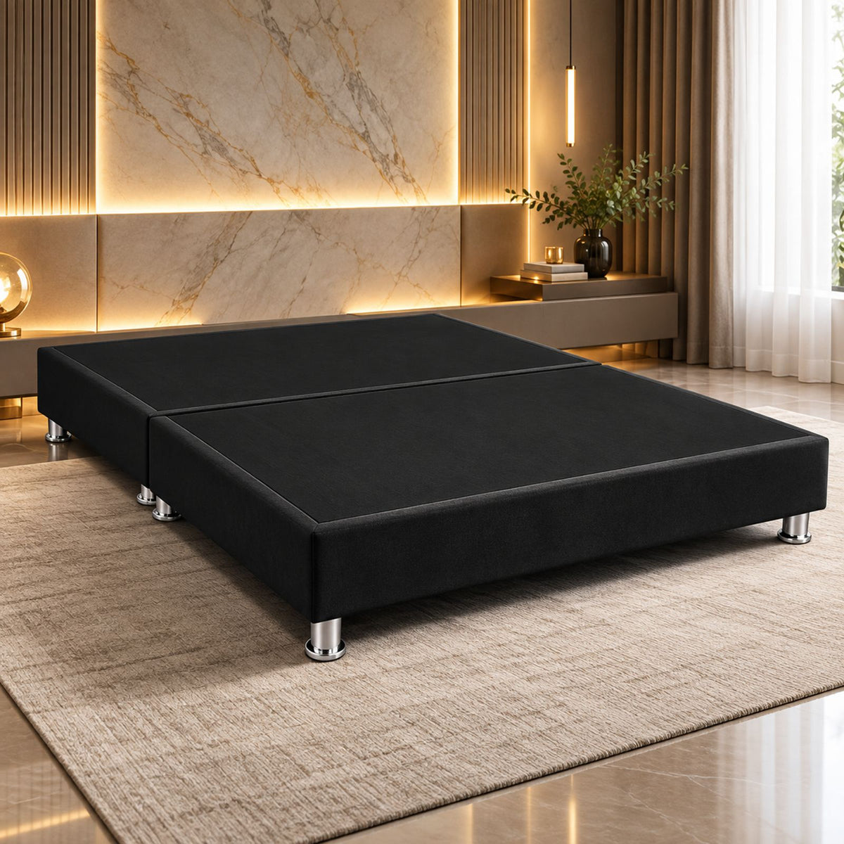 Base Cama Dividida Sommier Microfibra Negro 140x190cm para Colchón Doble sin Cabecero y con Patas