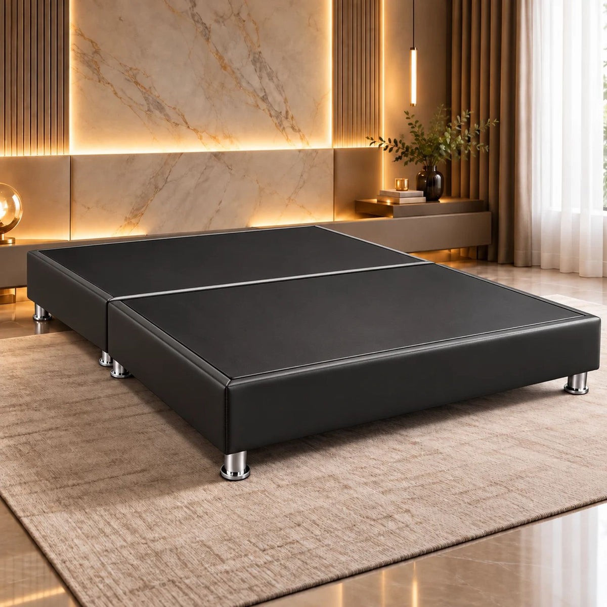 Base Cama Dividida Sommier Ecocuero Negro 200x200cm para Colchón King sin Cabecero y con Patas