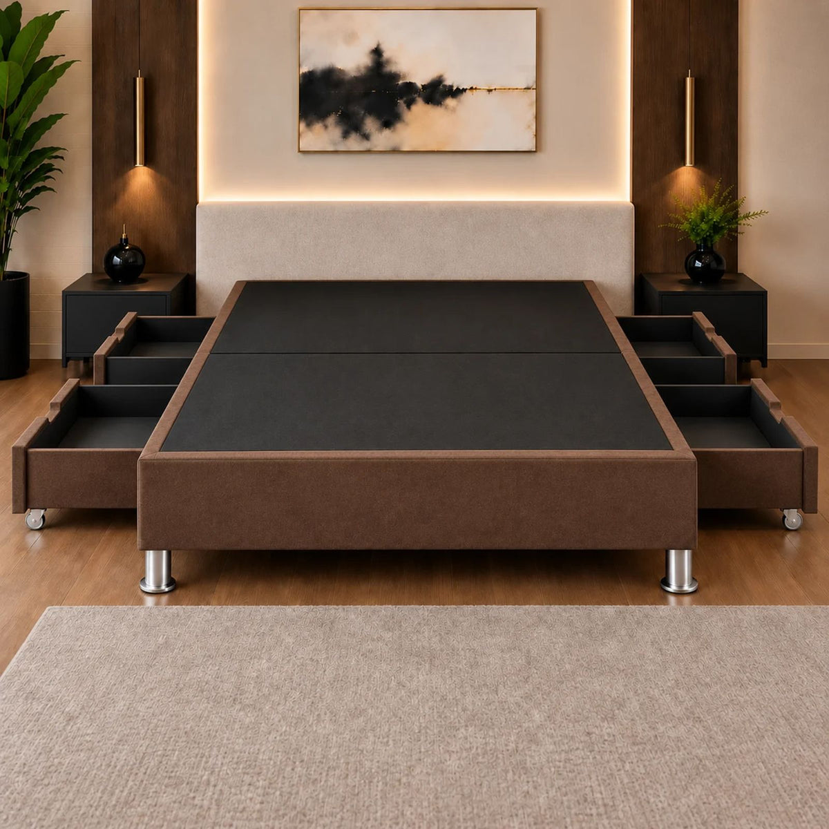 Base Cama Elegant Microfibra Café 120x190cm para Colchón Semidoble sin Cabecero y con Patas