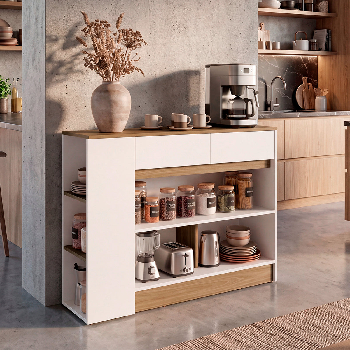 Barra de Cocina Lynton Fresno y Blanco 110x82.6cm con Tres Compartimientos